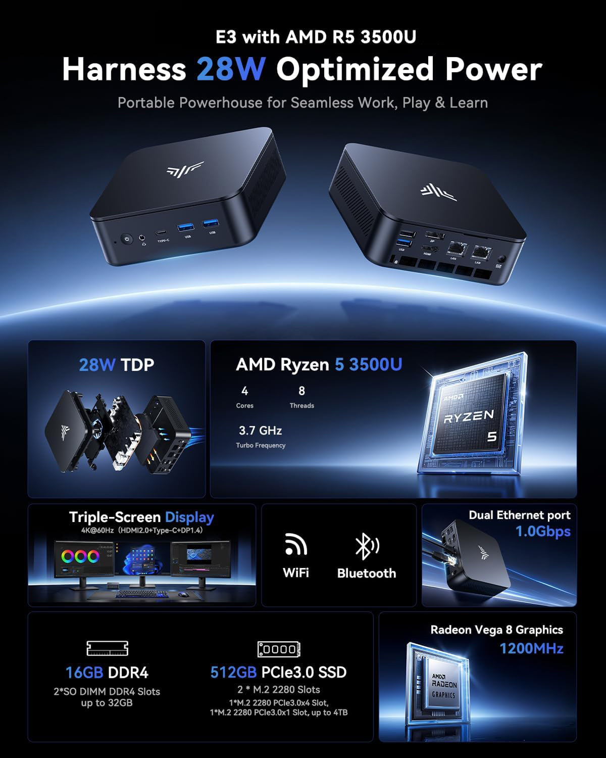 NiPoGi E3 AMD Ryzen™ 5 3500U Mini PC