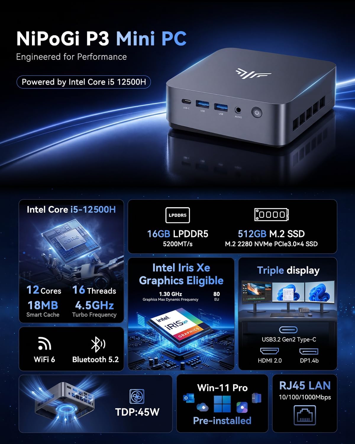 NiPoGi P3 Intel® Core™ i5-12500H Mini PC